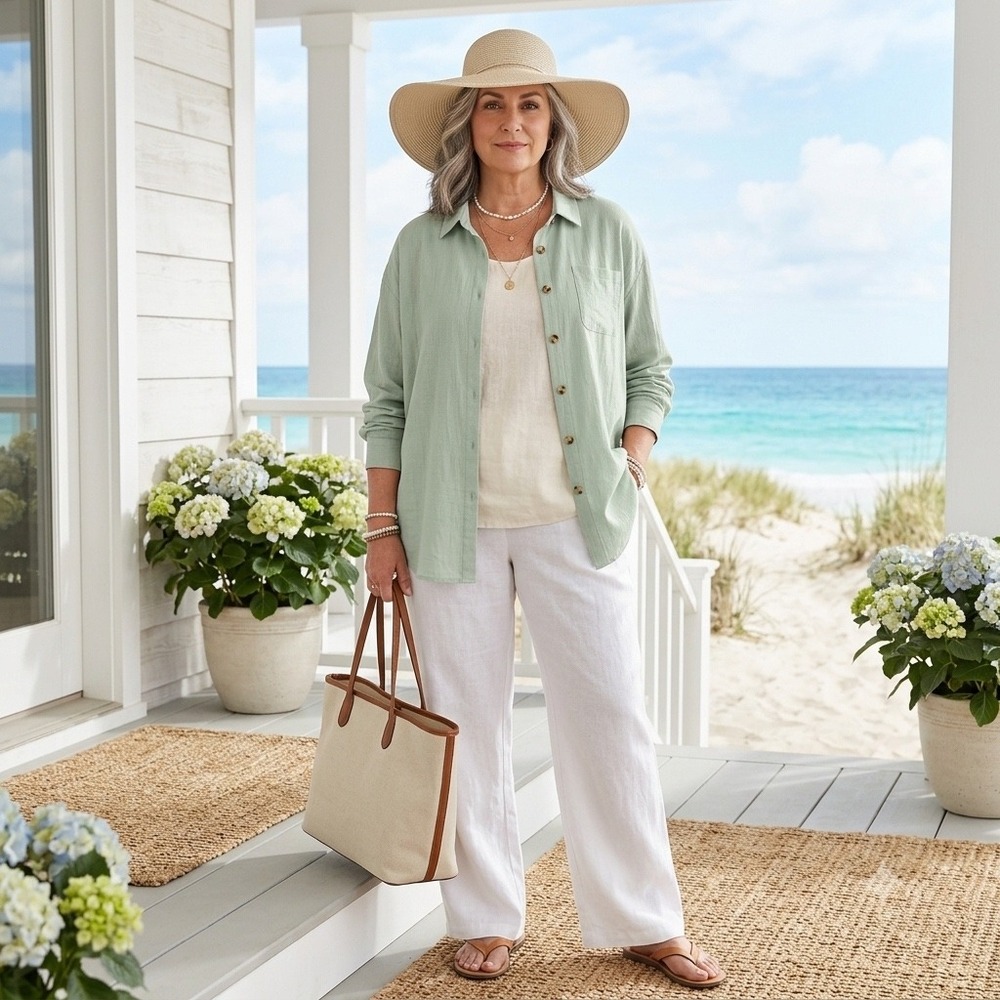 Wms Oversized Coastal Grandma Button Down Sage Green Cotton‎ Shirt XXL Hotouch